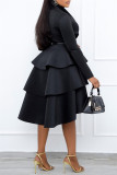Black Casual Solid Patchwork With Belt V Neck Long Sleeve Dresses