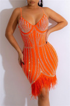 Orange Sexy Patchwork Hot Drilling Backless Spaghetti Strap Sleeveless Dress Dresses