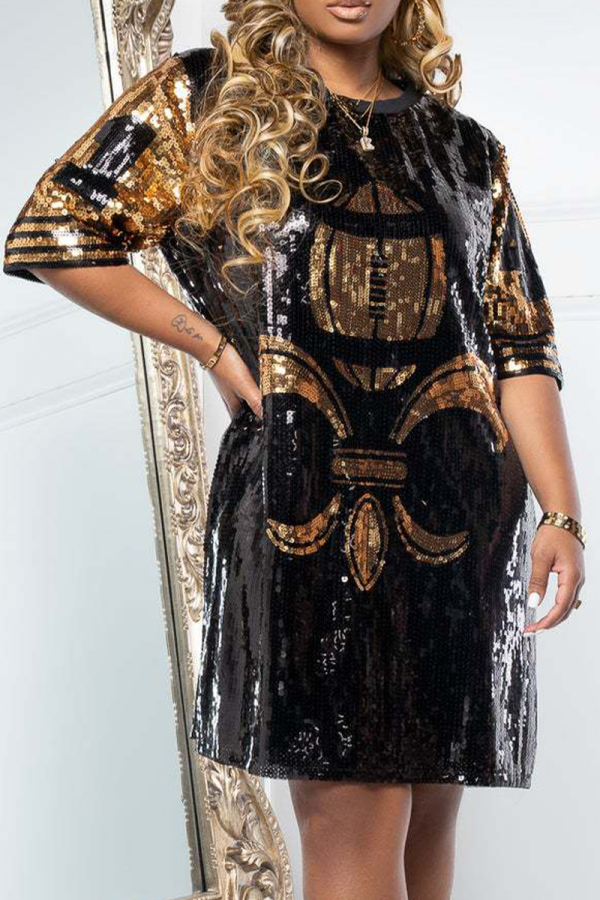 Black Street Patchwork Sequins O Neck Straight Dresses