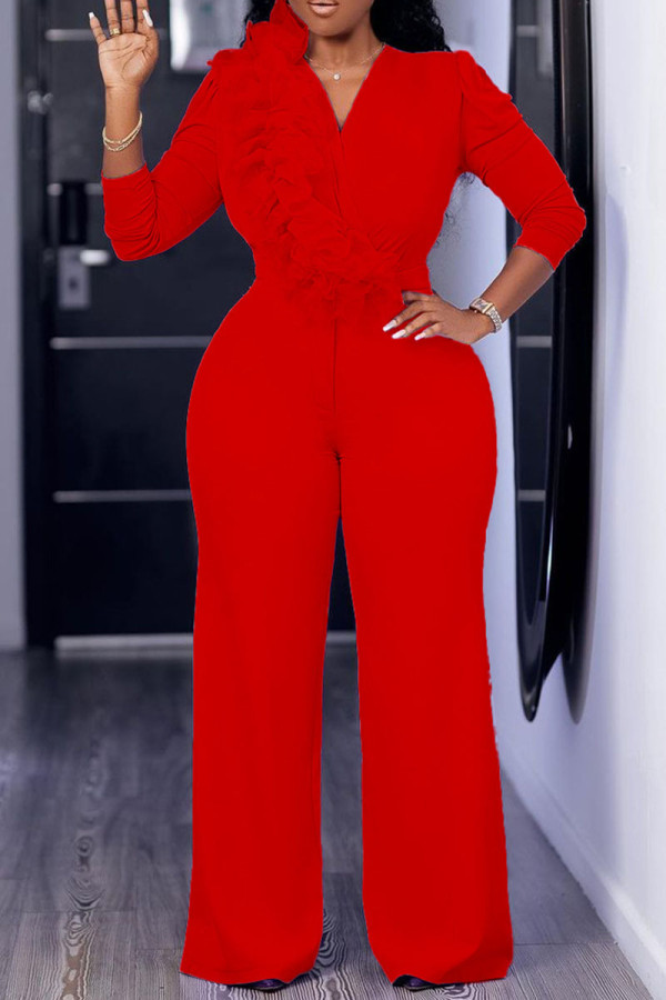 Red Elegant Solid Patchwork Appliques V Neck Jumpsuits