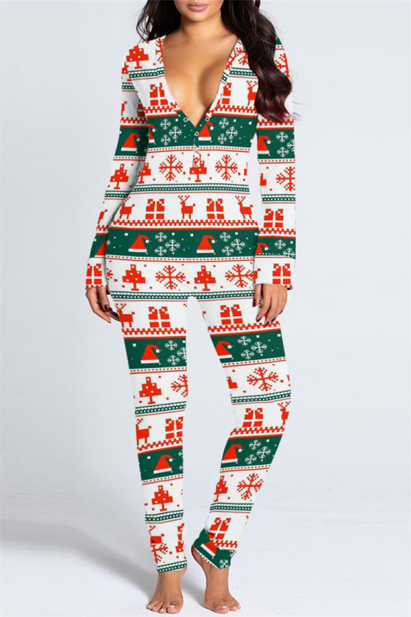 White Green Casual Living Print Patchwork V Neck Regular Jumpsuits