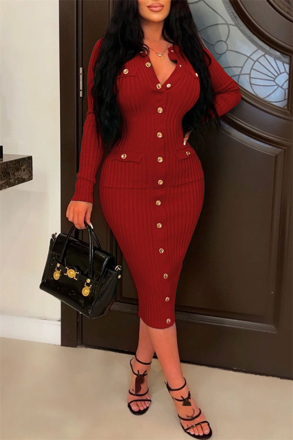 Red Casual Solid Patchwork Turndown Collar Long Sleeve Dresses