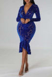 Blue Sexy Solid Patchwork V Neck Trumpet Mermaid Dresses