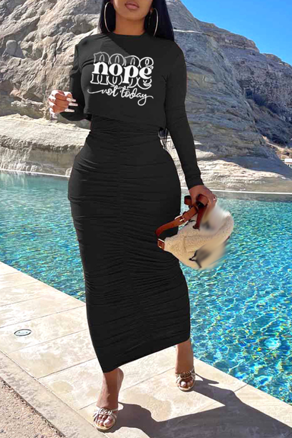 Black Casual Print Fold O Neck Long Sleeve Two Pieces