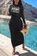 Black Casual Print Fold O Neck Long Sleeve Two Pieces