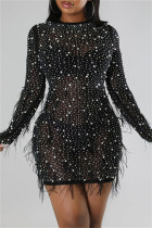 Black Sexy Patchwork Hot Drilling See-through Feathers O Neck Long Sleeve Dresses
