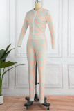 Yellow Pink Casual Print Patchwork Zipper Long Sleeve Two Pieces