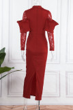 Red Sexy Solid Patchwork Half A Turtleneck Evening Dress Dresses