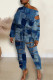 Blue Casual Print Ripped Oblique Collar Long Sleeve Two Pieces