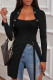 Black Casual Solid Patchwork Slit Square Collar Tops