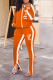 Tangerine Red Street Print Hollowed Out Zipper Collar Long Sleeve Two Pieces
