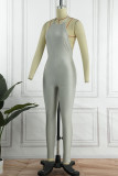 Grey Sexy Solid Patchwork Backless Halter Skinny Jumpsuits