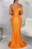 Orange Sexy Formal Solid Patchwork Backless Slit Oblique Collar Evening Dress Dresses