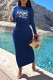 Blue Casual Print Fold O Neck Long Sleeve Two Pieces