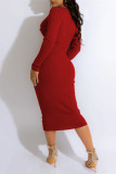 Red Casual Solid Patchwork Turndown Collar Long Sleeve Dresses