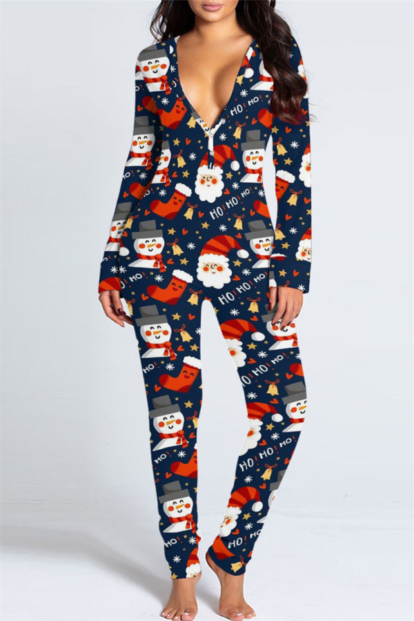 Dark Blue Casual Living Print Patchwork V Neck Regular Jumpsuits