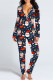 Dark Blue Casual Living Print Patchwork V Neck Regular Jumpsuits