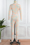 Yellow Pink Casual Print Patchwork Zipper Long Sleeve Two Pieces