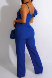 Blue Sexy Casual Solid Patchwork Backless V Neck Regular Jumpsuits
