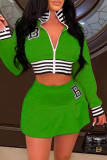 Green Casual Letter Print Patchwork Zipper Collar Long Sleeve Two Pieces