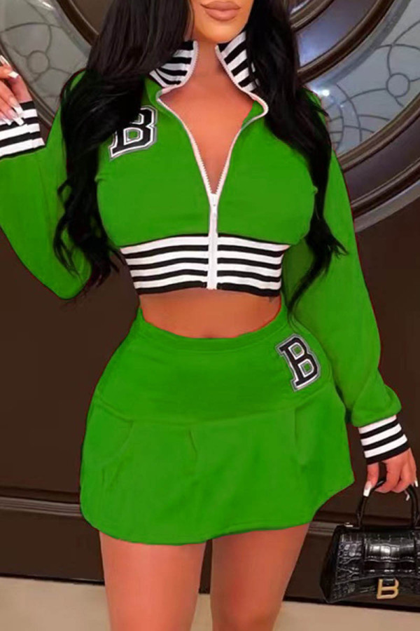 Green Casual Letter Print Patchwork Zipper Collar Long Sleeve Two Pieces