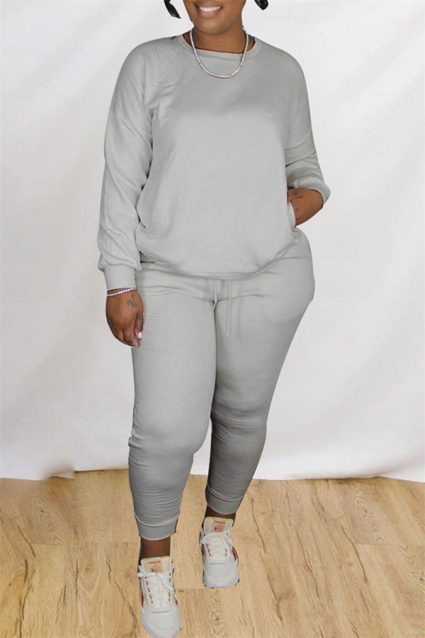 Grey Casual Solid Patchwork O Neck Long Sleeve Two Pieces