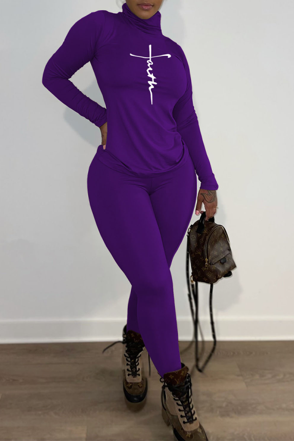 Purple Casual Print Patchwork Turtleneck Long Sleeve Two Pieces