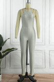 Grey Sexy Solid Patchwork Backless Halter Skinny Jumpsuits