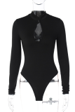 White Sexy Solid Hollowed Out Half A Turtleneck Skinny Bodysuits