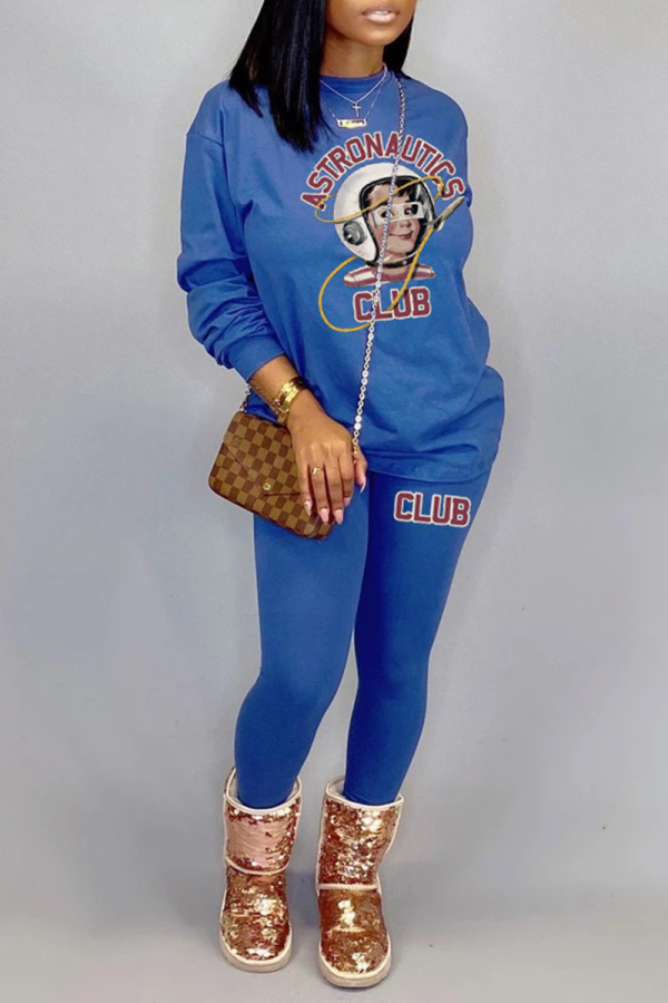 Blue Casual Print Patchwork O Neck Long Sleeve Two Pieces