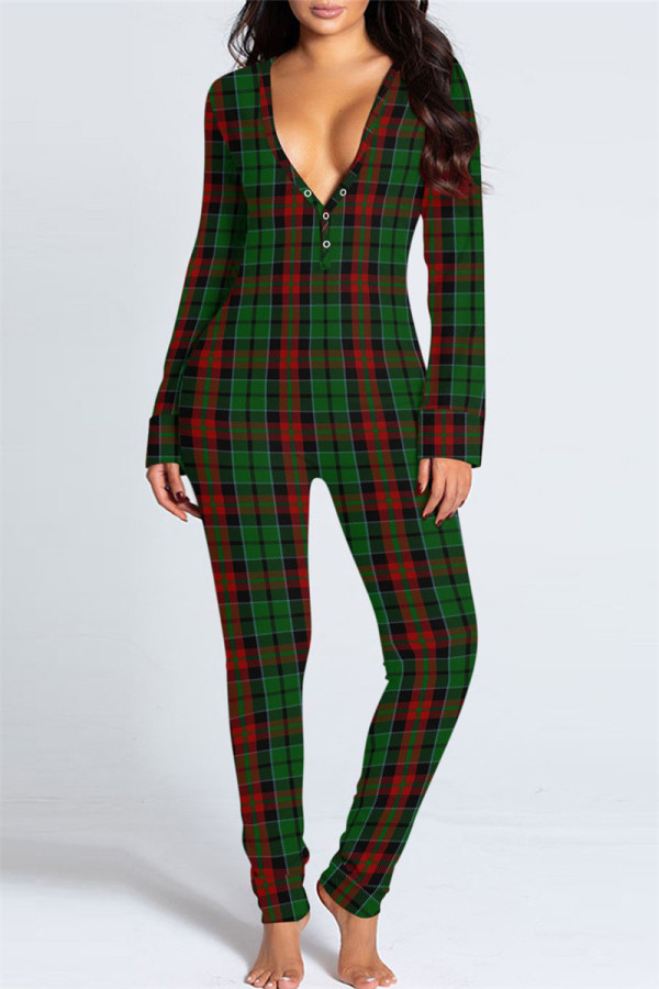 Green Casual Living Print Patchwork V Neck Regular Jumpsuits