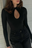 White Sexy Solid Hollowed Out Half A Turtleneck Skinny Bodysuits