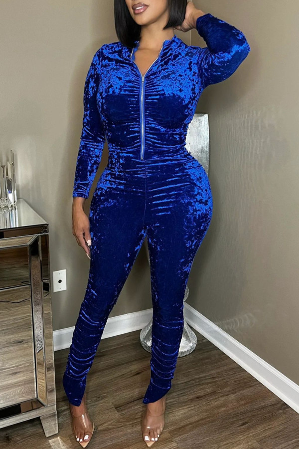 Deep Blue Casual Solid Patchwork Zipper Collar Long Sleeve Two Pieces