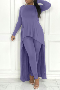 Purple Casual Solid Patchwork Asymmetrical O Neck Long Sleeve Two Pieces