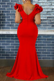 Red Sexy Casual Solid Patchwork V Neck Long Dress Dresses