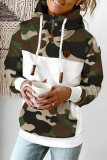 Army Green Casual Print Patchwork Hooded Collar Tops