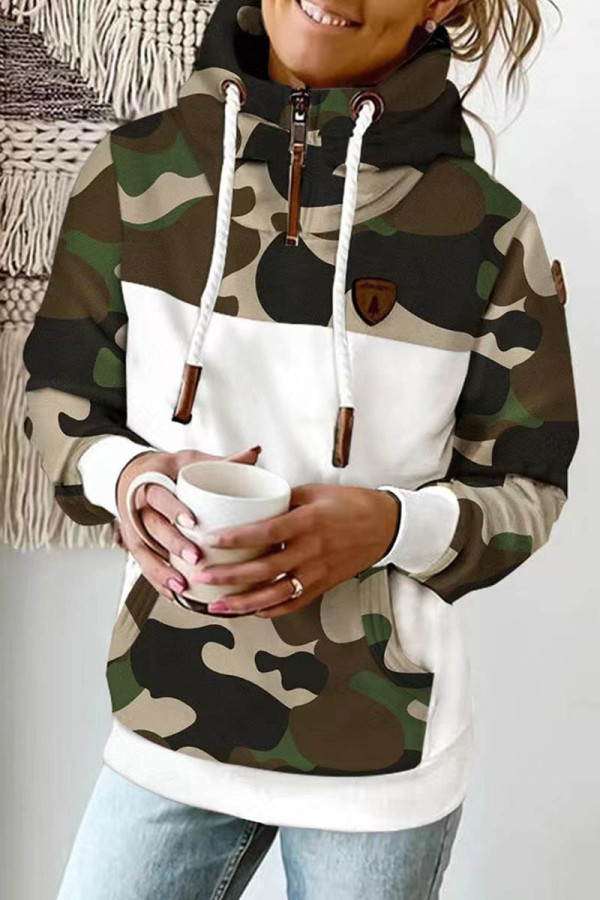 Army Green Casual Print Patchwork Hooded Collar Tops