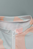 Yellow Pink Casual Print Patchwork Zipper Long Sleeve Two Pieces