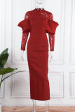 Red Sexy Solid Patchwork Half A Turtleneck Evening Dress Dresses