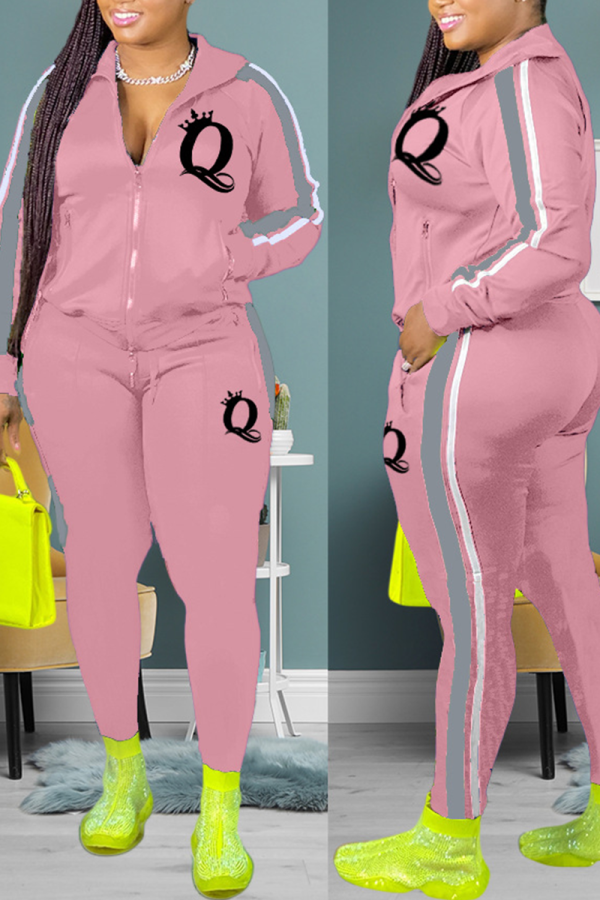 Pink Casual Print Draw String Zipper Collar Long Sleeve Two Pieces
