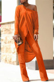 Orange Casual Solid Patchwork Asymmetrical Oblique Collar Long Sleeve Two Pieces
