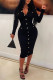 Black Casual Solid Patchwork Turndown Collar Long Sleeve Dresses