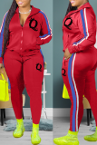 Red Casual Print Draw String Zipper Collar Long Sleeve Two Pieces