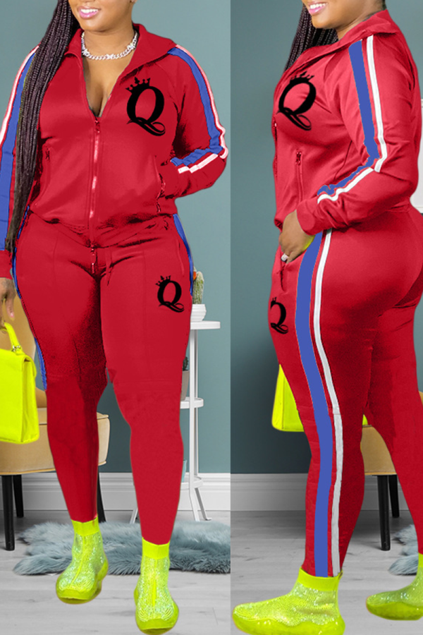 Red Casual Print Draw String Zipper Collar Long Sleeve Two Pieces