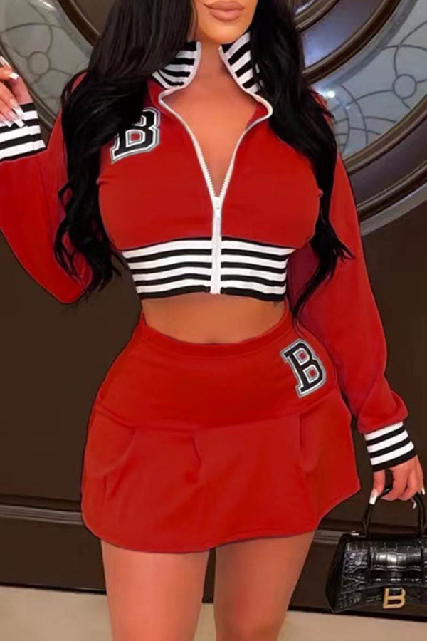 Red Casual Letter Print Patchwork Zipper Collar Long Sleeve Two Pieces