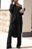 Black Casual Solid Patchwork Asymmetrical Oblique Collar Long Sleeve Two Pieces
