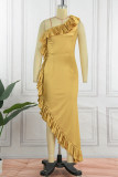 Gold Elegant Solid Patchwork Flounce Asymmetrical Oblique Collar Evening Dress Dresses