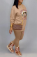 Khaki Casual Print Patchwork O Neck Long Sleeve Two Pieces