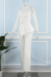 White Elegant Solid Patchwork Flounce O Neck Straight Jumpsuits