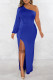Royal Blue Sexy Formal Solid Backless Slit Oblique Collar Long Sleeve Dresses